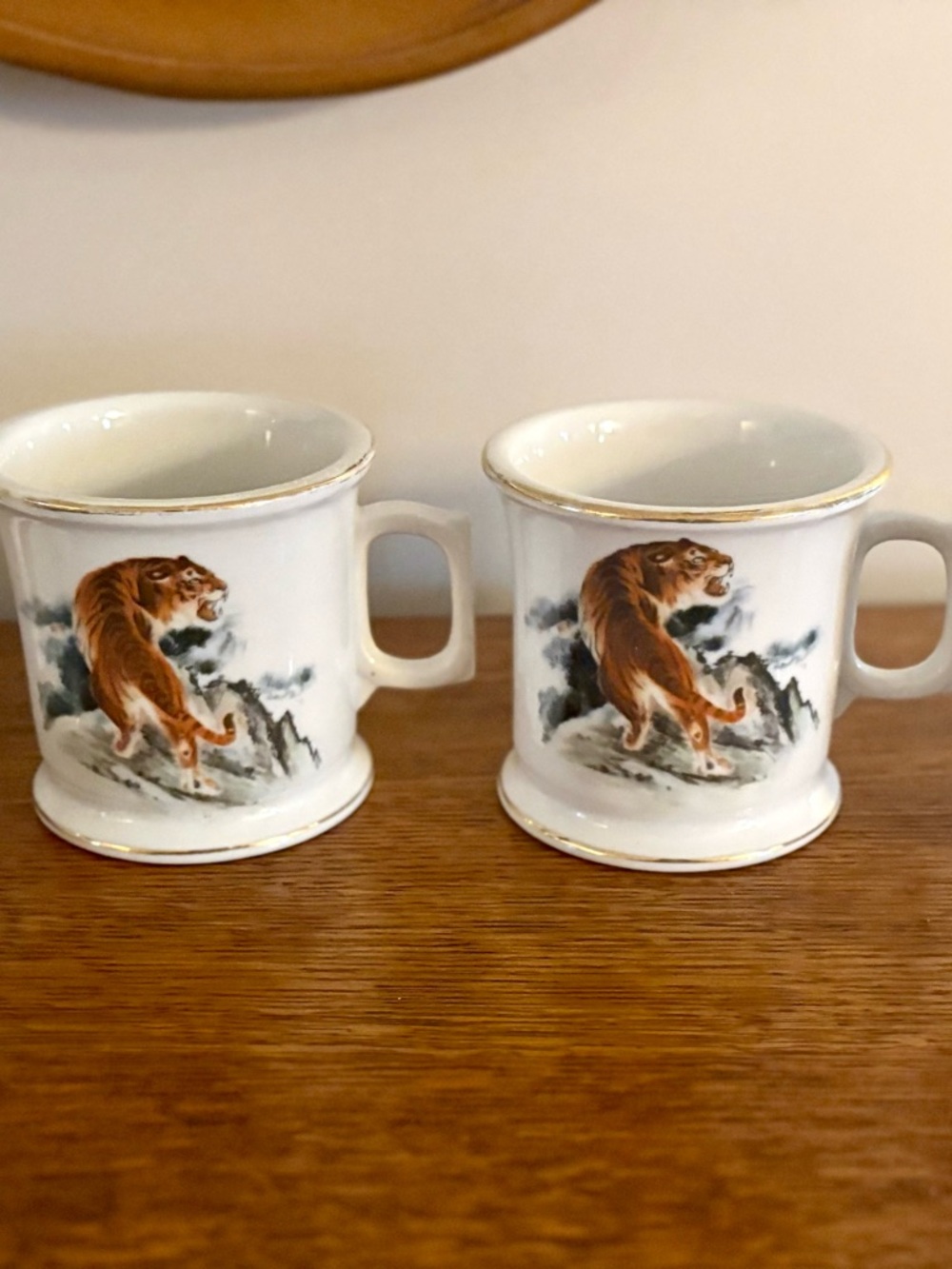 White Porcelain Tiger Mugs with Gold Trim - Set of 4